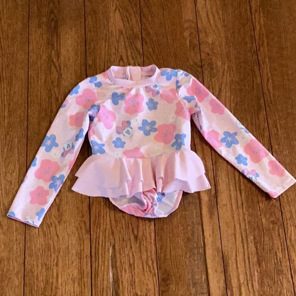 Disney Minnie Mouse pink sparkly floral long sleeve ruffled one piece swimsuit - Picture 2 of 16